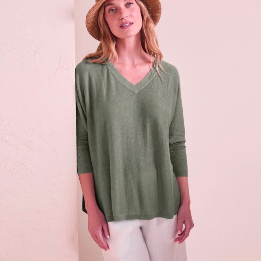 Garnet Hill Linen Oversized V-Neck Sweater Lightweight Boxy Large Minimalist